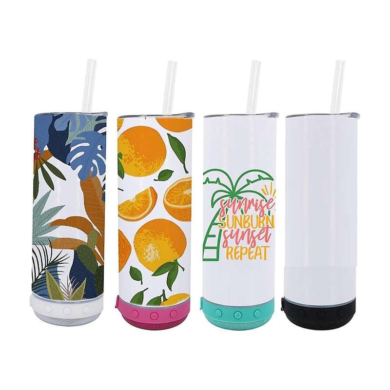 4-Pack 20 Oz Sublimated Blank Skinny Straight Cup Stainless Steel Dual Vacuum Bluetooth Speaker Musi