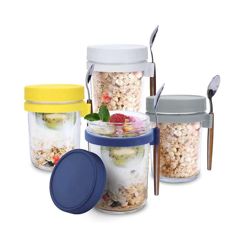 4pack Overnight Oats Jars with Lids and Spoons, Reusable Glass Overnight Oats Container with Measure