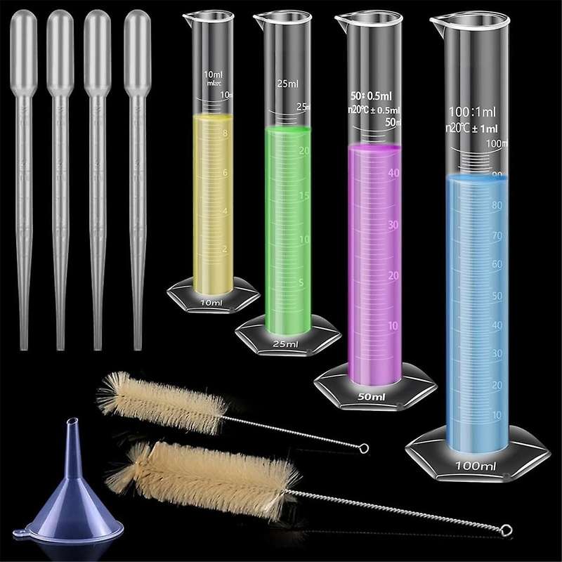4-Pack of Plastic Gradient Cylinders, with 4 Pipettes, 1 Plastic Funnel and 2 Brushes