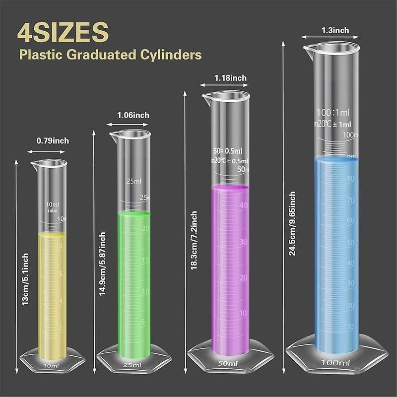 4-Pack of Plastic Gradient Cylinders, with 4 Pipettes, 1 Plastic Funnel and 2 Brushes