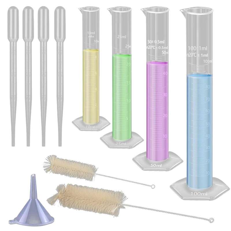 4-Pack of Plastic Gradient Cylinders, with 4 Pipettes, 1 Plastic Funnel and 2 Brushes