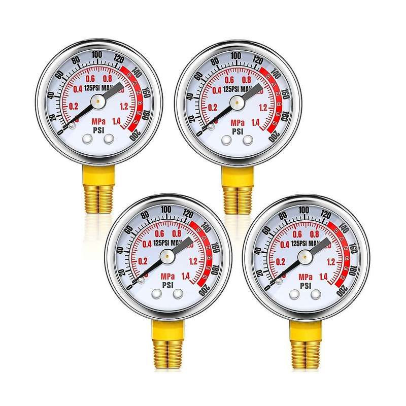 4pcs 0-200 Psi Air Pressure Gauge 1/8in Male Npt Connection Air Gauge Lower Side Mount 1.57in Dial A