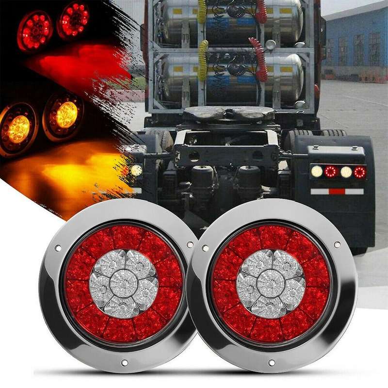 4Pcs 12-24V 16 LED 4inch Round Truck Trailer RV Brake Stop Turn Tail Signal Light Red Amber Chrome W