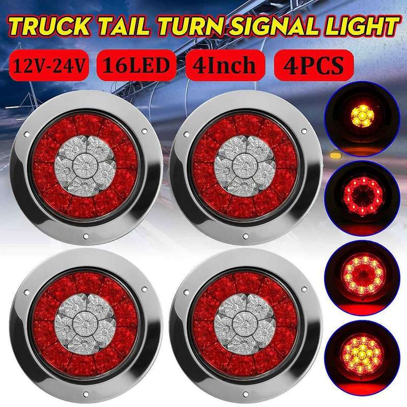4Pcs 12-24V 16 LED 4inch Round Truck Trailer RV Brake Stop Turn Tail Signal Light Red Amber Chrome W