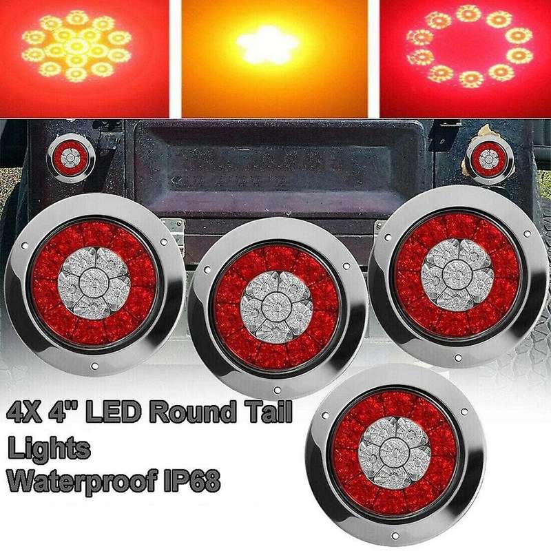 4Pcs 12-24V 16 LED 4inch Round Truck Trailer RV Brake Stop Turn Tail Signal Light Red Amber Chrome W