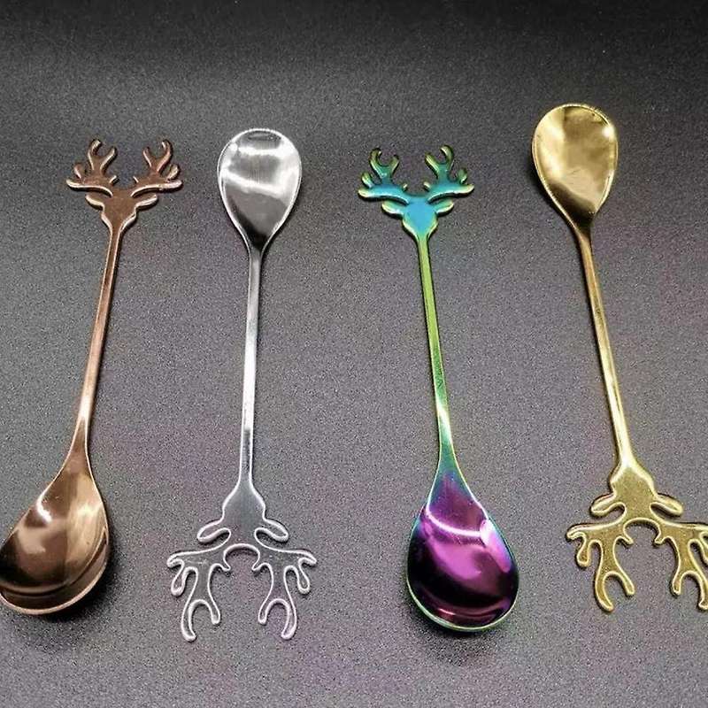 4Pcs Antlers Shape Stainless Steel Coffee Spoon Dessert Spoon Ice Christmas Antlers Tea Tiny Stirrin