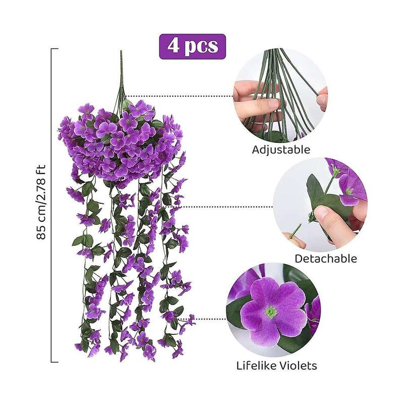 4pcs Artificial Hanging Flowers Hanging Plants Violet Flowers Garland for Spring Summer Outdoor Gar