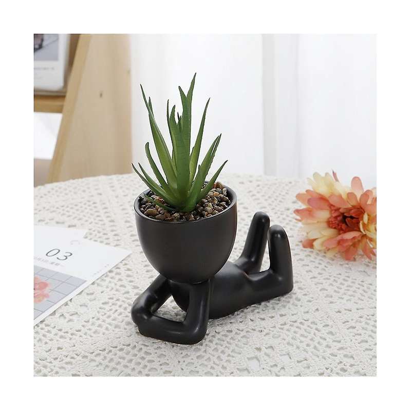 4pcs Artificial Succulent Planters, Mini Potted Ceramic Succulent Decor, Human Shaped Black Pots Sma