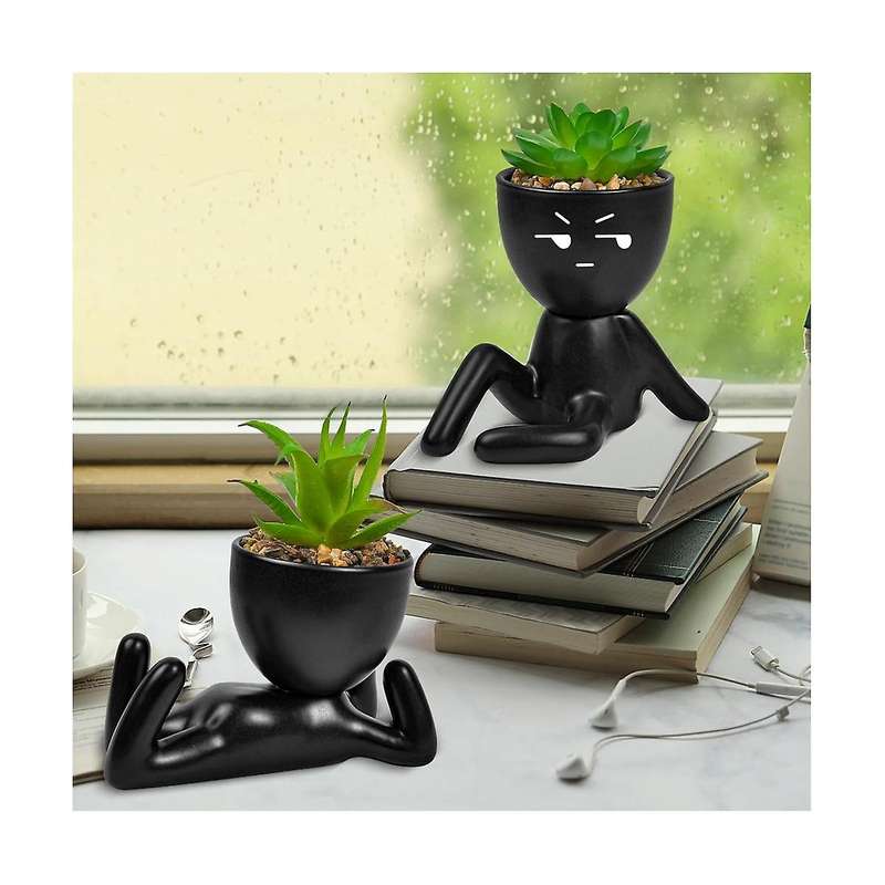 4pcs Artificial Succulent Planters, Mini Potted Ceramic Succulent Decor, Human Shaped Black Pots Sma