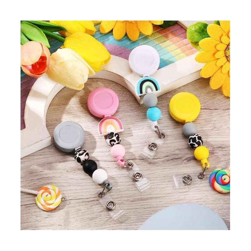4Pcs Badge Reel, Nurse Badge Reels Retractable Cute Silicone Beaded Badge Reel with Swivel Clip and