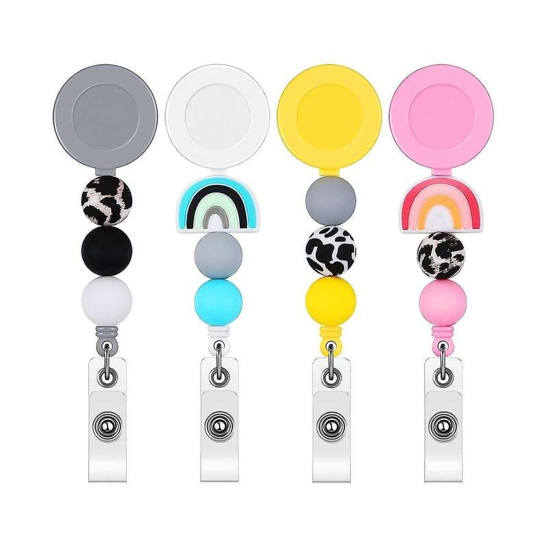 4Pcs Badge Reel, Nurse Badge Reels Retractable Cute Silicone Beaded Badge Reel with Swivel Clip and