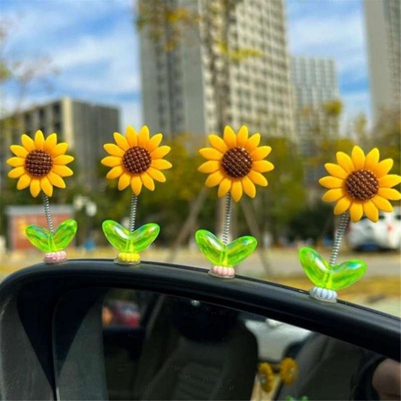 4Pcs Car Dashboard Sunflower Ornament Shaking Dancing Sunflower Cartoon Ornament Car Interior Cute F