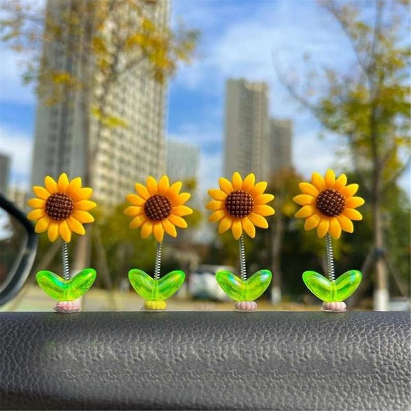4Pcs Car Dashboard Sunflower Ornament Shaking Dancing Sunflower Cartoon Ornament Car Interior Cute F
