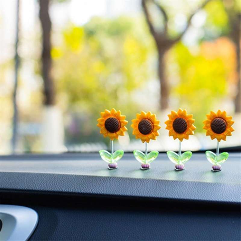 4Pcs Car Dashboard Sunflower Ornament Head Shaking Dancing Sunflower Cartoon Ornament Car Interior