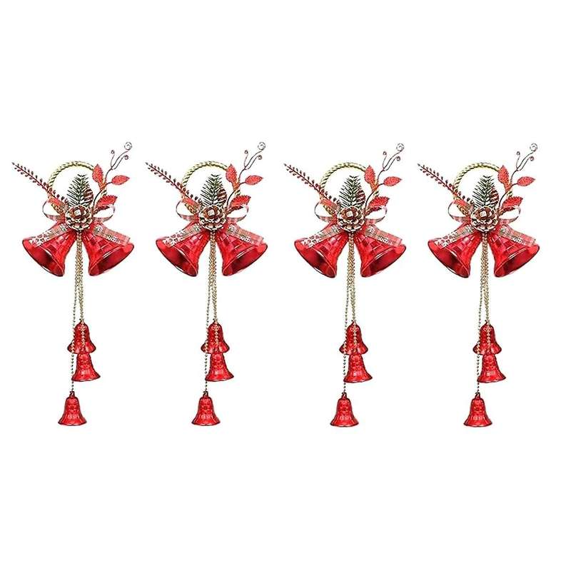 4pcs Christma Jingle Bells Door Hanger Ornaments Red Christmas Tree Decorations with 5 Bells and Pin