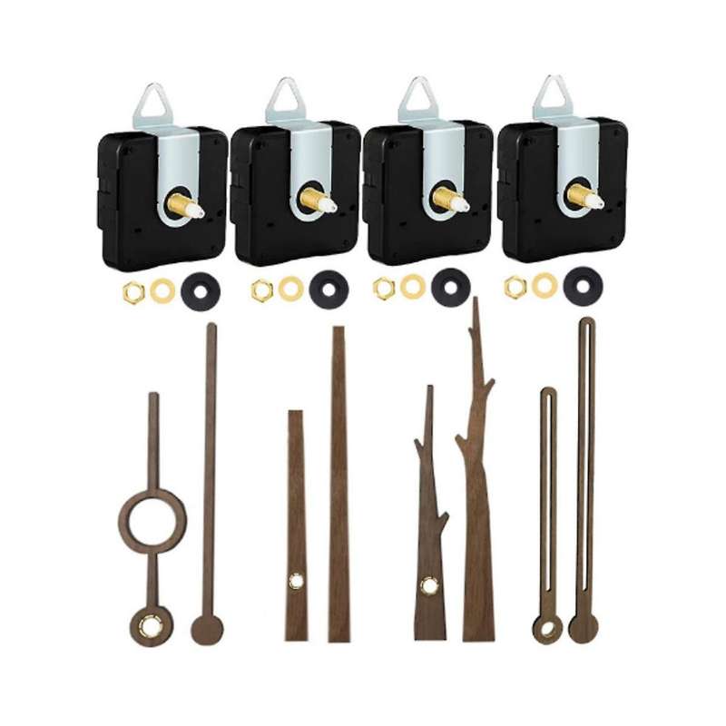4Pcs Clock Movement Mechanism with Hooks and 4 Walnut Different Hands Clock Repair Parts Replacement