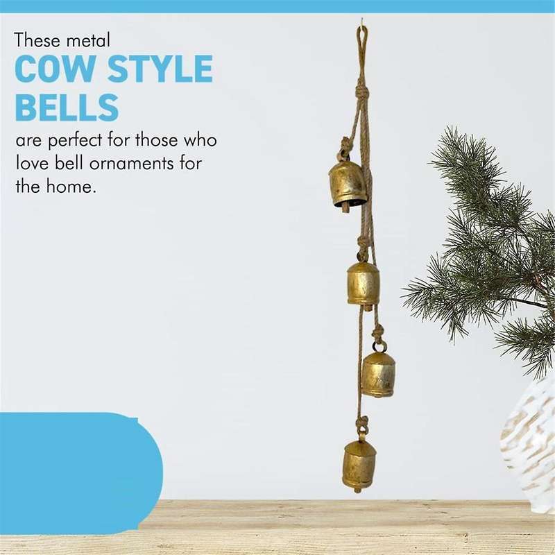 4pcs Cow Bells Cluster On Rope Lucky Cow Bells On Rope Wall Hanging