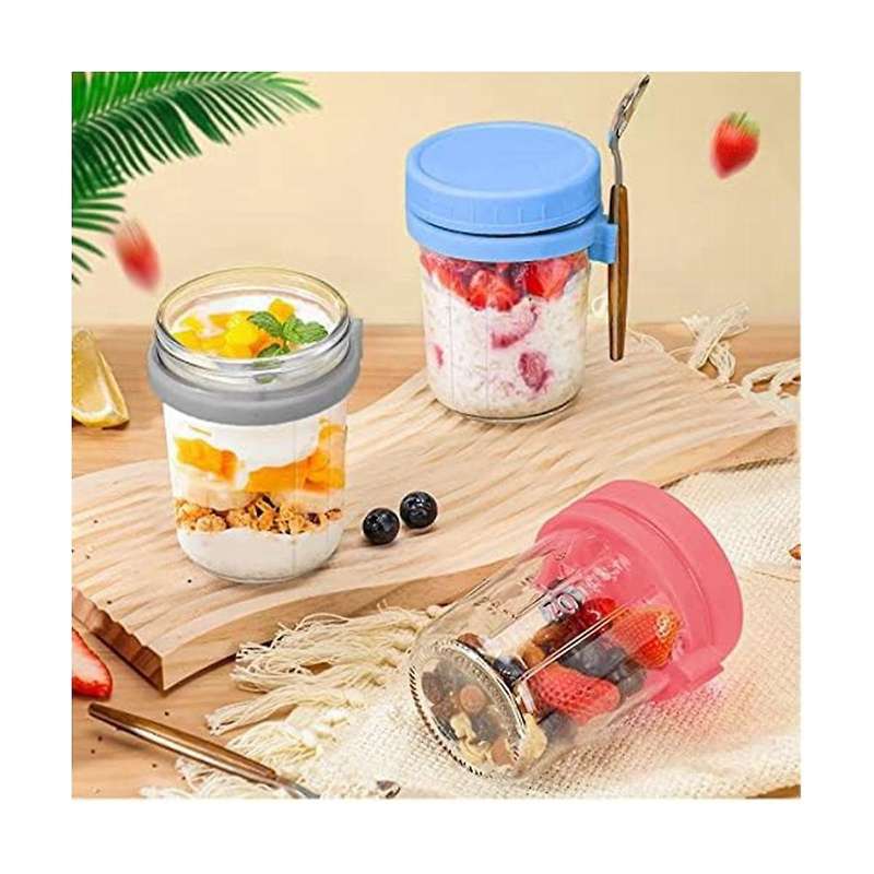 4pcs Container with Lid and Spoon, Glass Jars Is Suitable for Yogurt, Pudding and Cereal, Sealed Oat