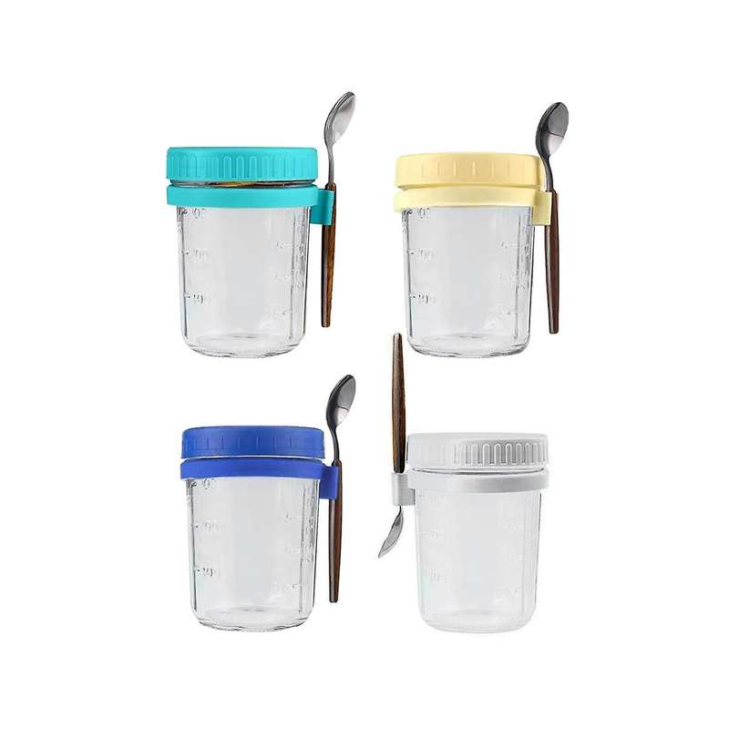 4pcs Container with Lid and Spoon, Glass Jars Is Suitable for Yogurt, Pudding and Cereal, Sealed Oat