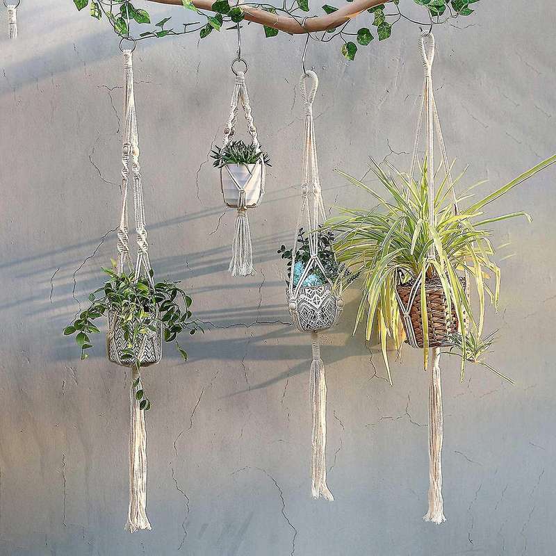 4pcs Handmade Flower Pot Net Bag Braided Home Vintage Decor Plant Hanging Basket Knotted Rope Garde