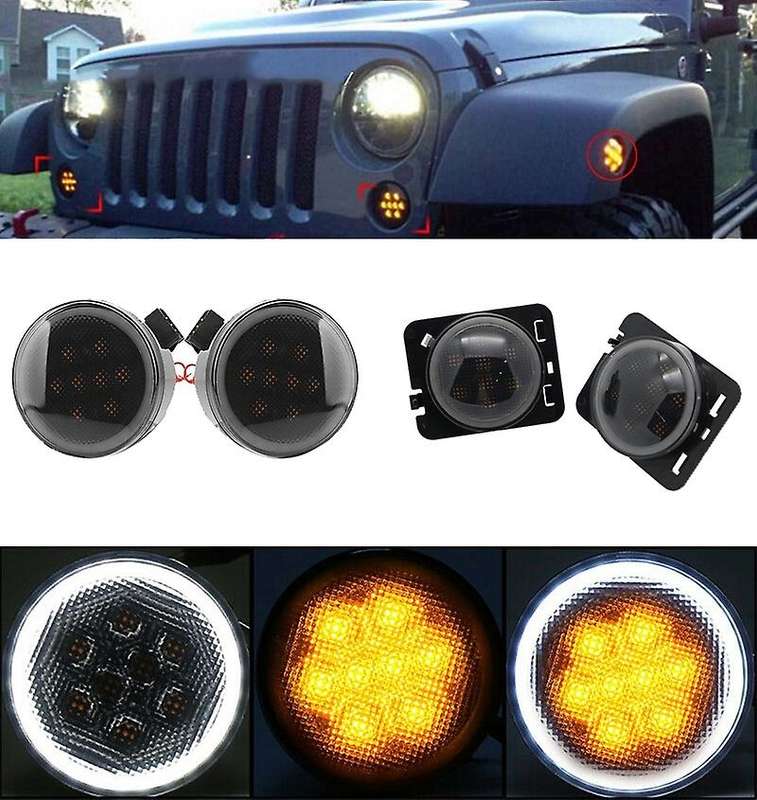 4Pcs Led Turn Signal+ Side Marker Lights Drl White Halo Smoked Lens for Jk 2007-2017