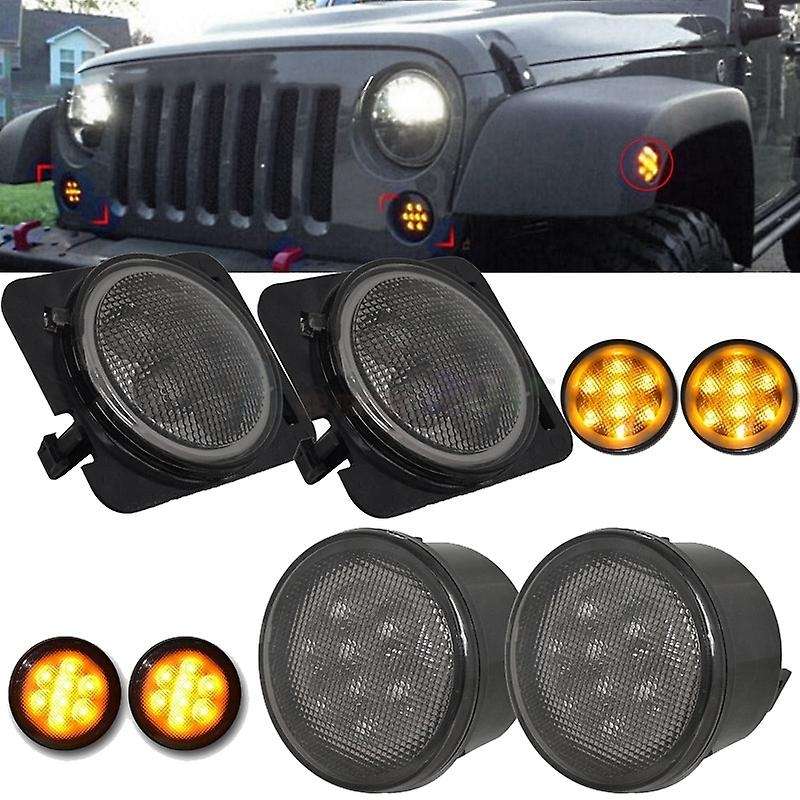 4Pcs Led Turn Signal+ Side Marker Lights Drl White Halo Smoked Lens for Jk 2007-2017