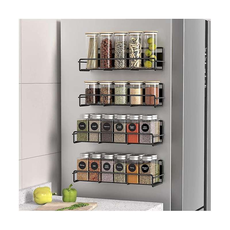 4PCS Magnetic Spice Rack Organizer for Refrigerator and Oven, Metal Fridge Shelf for Kitchen, Black