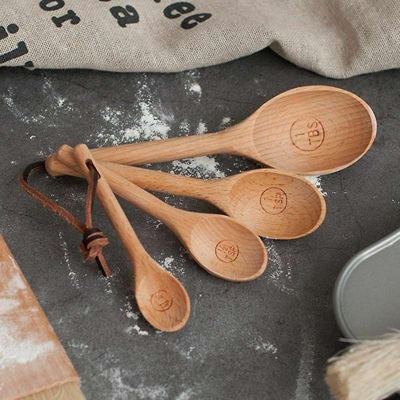 4Pcs Measuring Natural Wood Scoop Baking Utensils Kitchen Tool Wooden Spoons