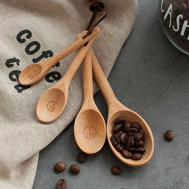 4Pcs Measuring Natural Wood Scoop Baking Utensils Kitchen Tool Wooden Spoons