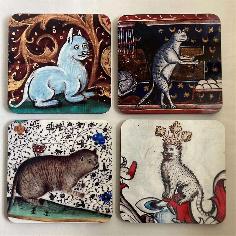 4pcs Medieval Cat Coasters for Drink Set Cat Pattern Round Coasters, Drinking Coasters Cat Coaster