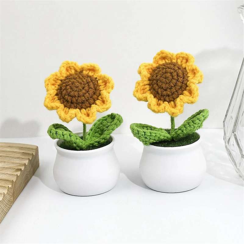 4PCS Mini Crochet Sunflower Potted Plants, Fake Knitted Sunflower with Pot Handmade for Car Ornament