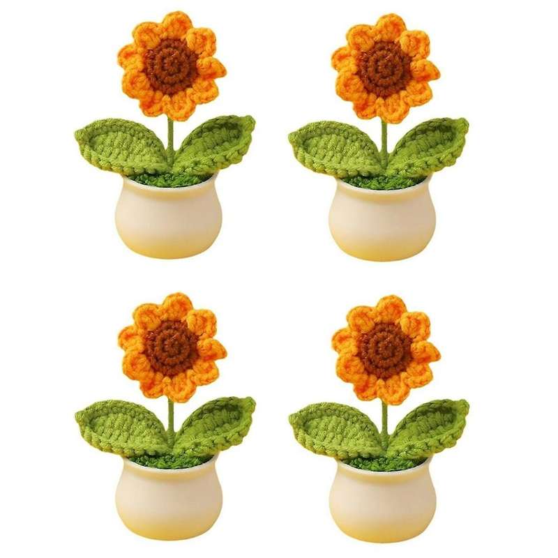 4PCS Mini Crochet Sunflower Potted Plants, Fake Knitted Sunflower with Pot Handmade for Car Ornament