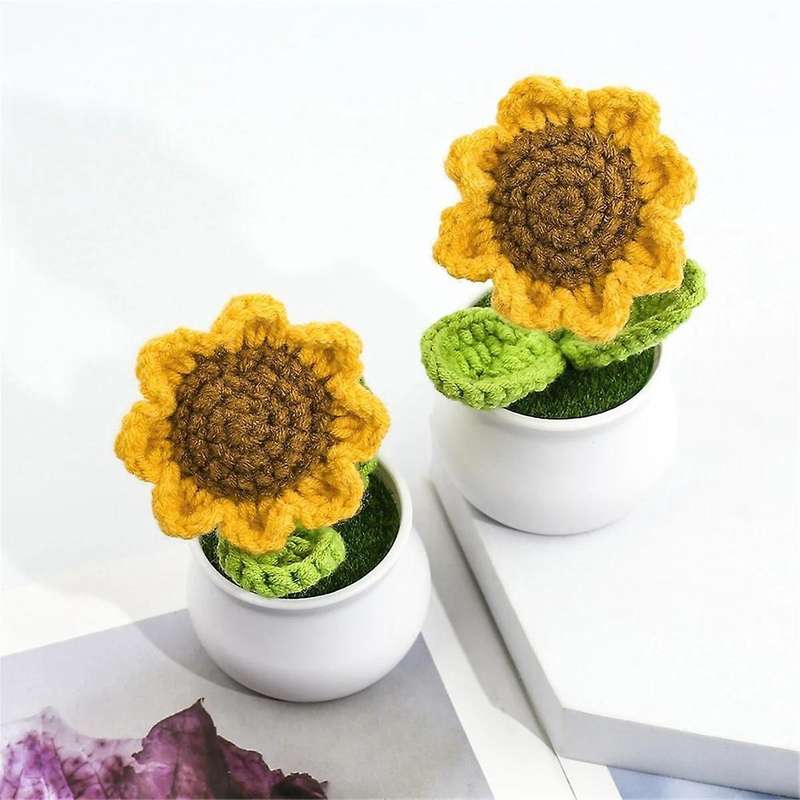 4PCS Mini Crochet Sunflower Potted Plants, Fake Knitted Sunflower with Pot Handmade for Car Ornament