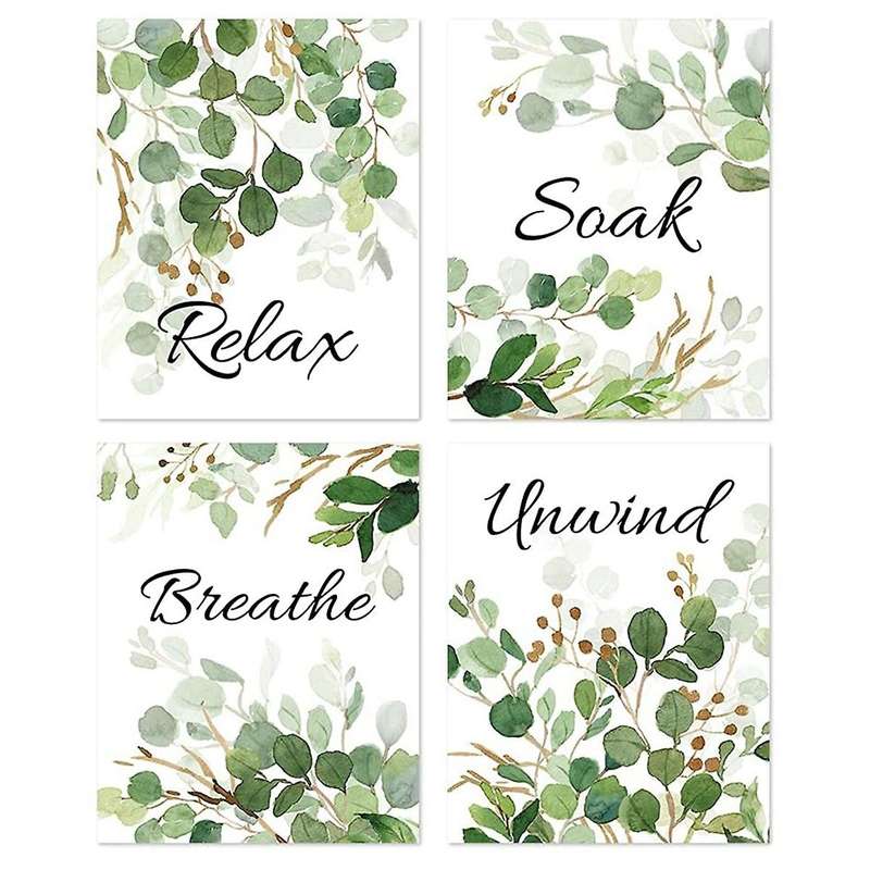 4Pcs Relax Soak Unwind Breathe with Green Leaf Art Print,Botanical Bathroom Quotes Wall Watercolor M