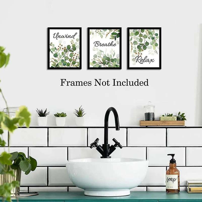 4Pcs Relax Soak Unwind Breathe with Green Leaf Art Print,Botanical Bathroom Quotes Wall Watercolor M