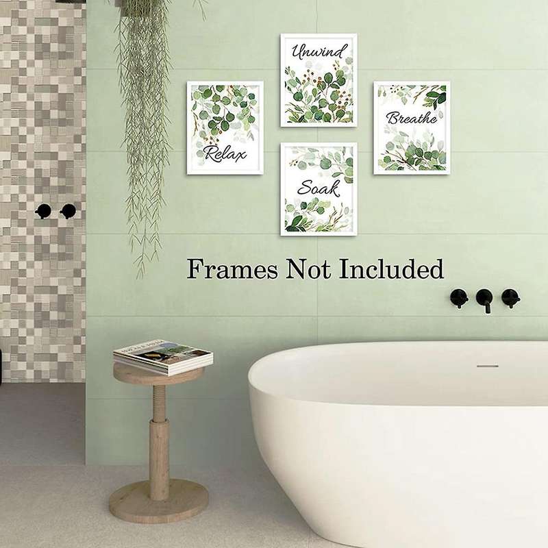 4Pcs Relax Soak Unwind Breathe with Green Leaf Art Print,Botanical Bathroom Quotes Wall Watercolor M