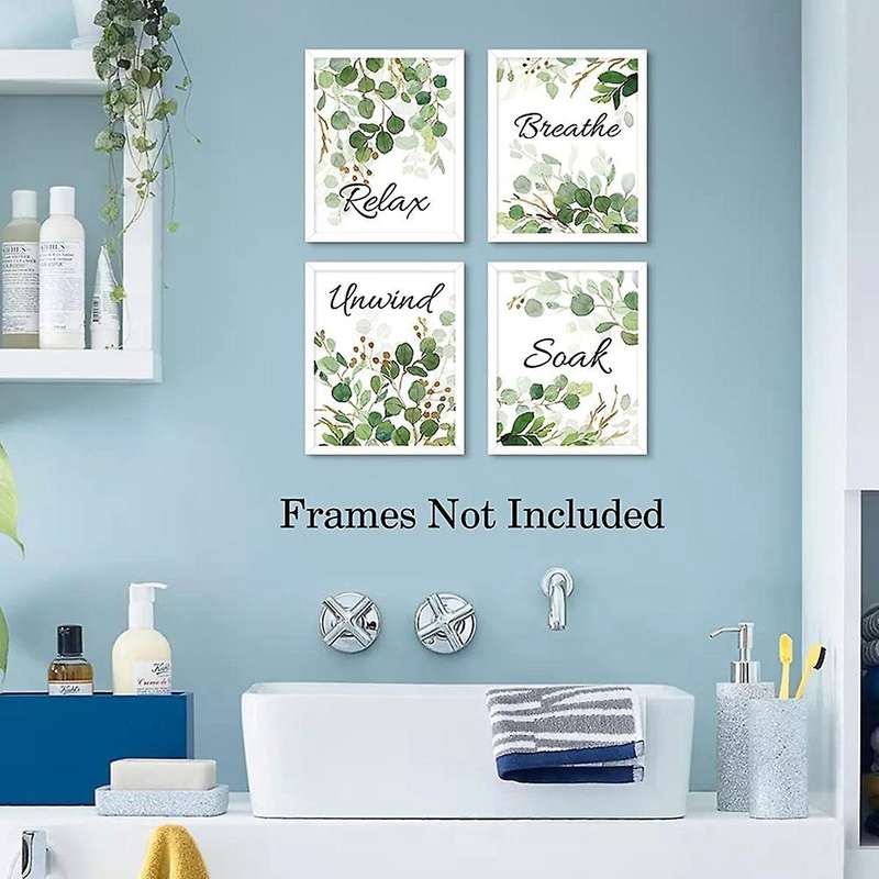 4Pcs Relax Soak Unwind Breathe with Green Leaf Art Print,Botanical Bathroom Quotes Wall Watercolor M