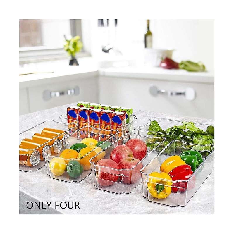 4pcs Refrigerator Organizer Bins Clear Plastic Bins for Freezer, Kitchen Cabinet, Pantry Organizati