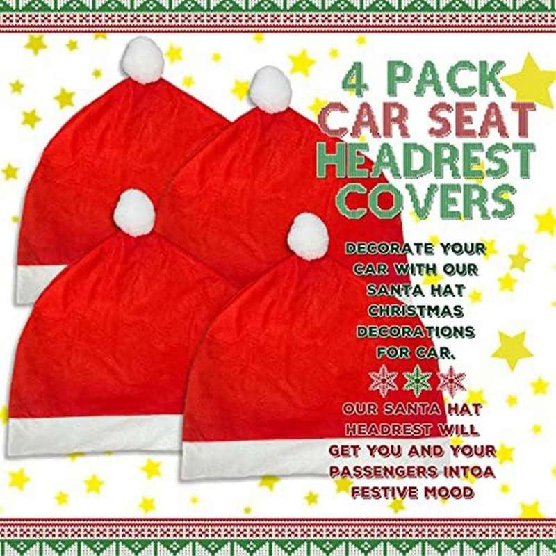 4Pcs Santa- Hat Car Seat Headrest Cover Cute Car Decor Interior Car Decoration, Suitable for Most Ca