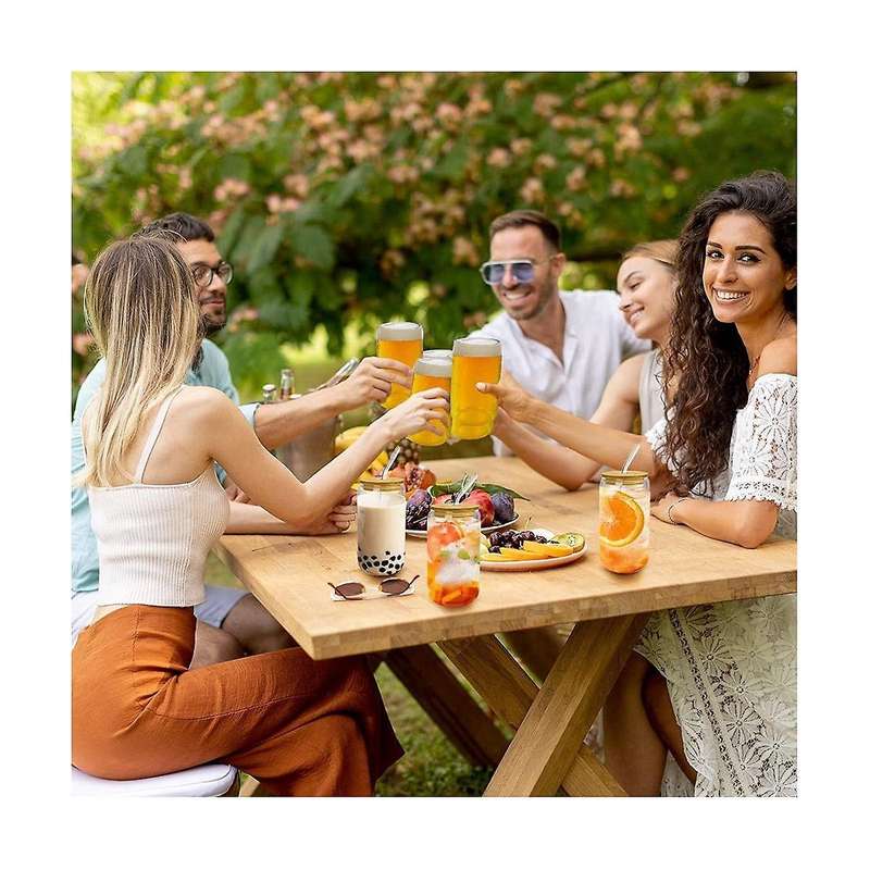 4pcs Set Drinking Glasses with Bamboo Lid and - 16oz Can Shaped Drinking Glass Set, Iced Coffee Mug