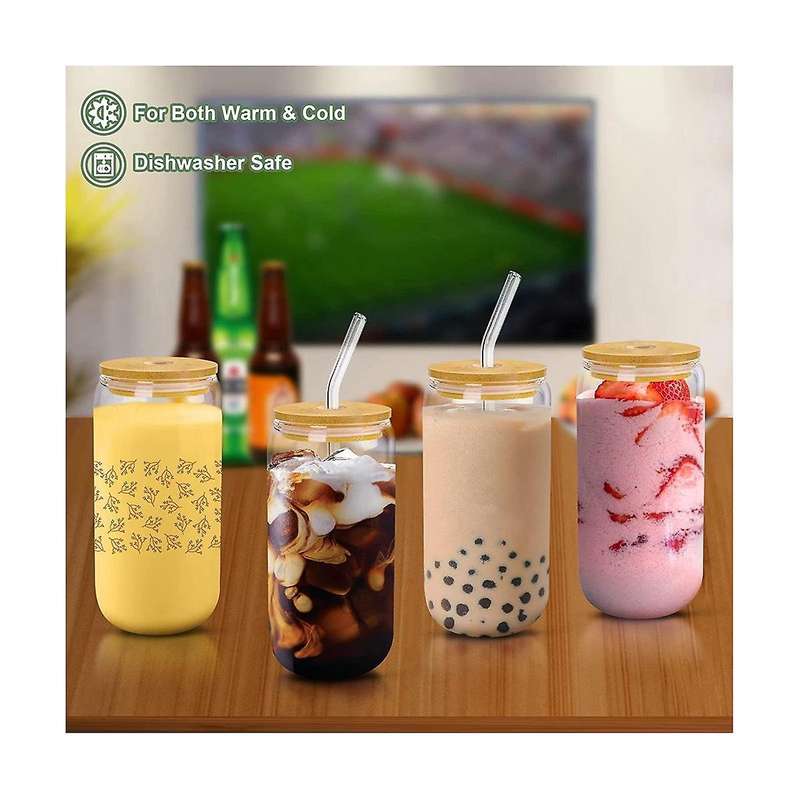 4pcs Set Drinking Glasses with Bamboo Lid and - 16oz Can Shaped Drinking Glass Set, Iced Coffee Mug