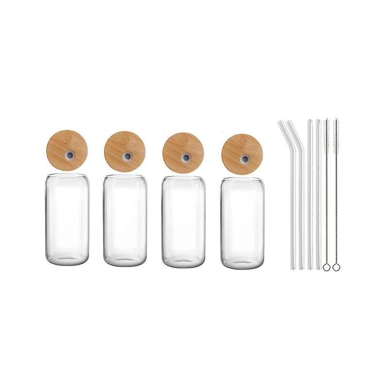 4pcs Set Drinking Glasses with Bamboo Lid and - 16oz Can Shaped Drinking Glass Set, Iced Coffee Mug