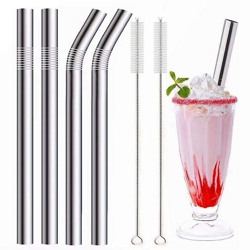 4pcs Silver 12mm Reusable Metal Straws with 2 Brush 304 Stainless Steel Straws Set Bar Drinking Ben