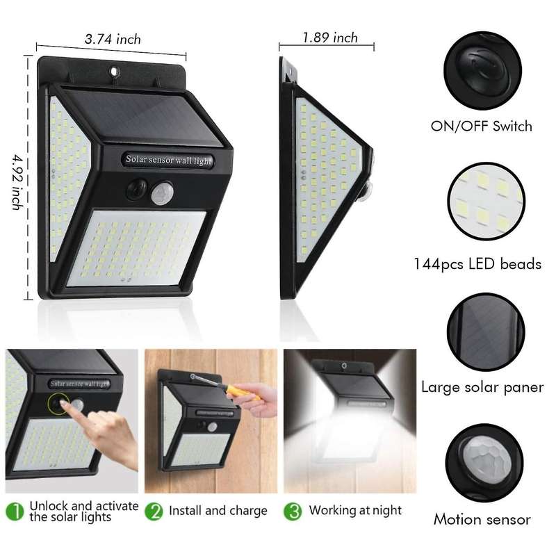 4Pcs Solar Wall Light Outdoor 144 LED Waterproof Solar Motion Sensor Lights for Garden Patio Pathway