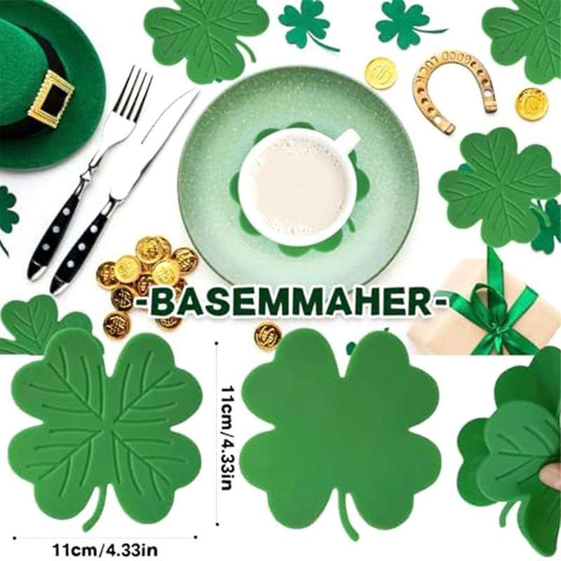 4Pcs St. 'S Day Coaster Silicone Green Drink Coasters Non-Slip Insulations Tea Cup Mats Coffee Coast