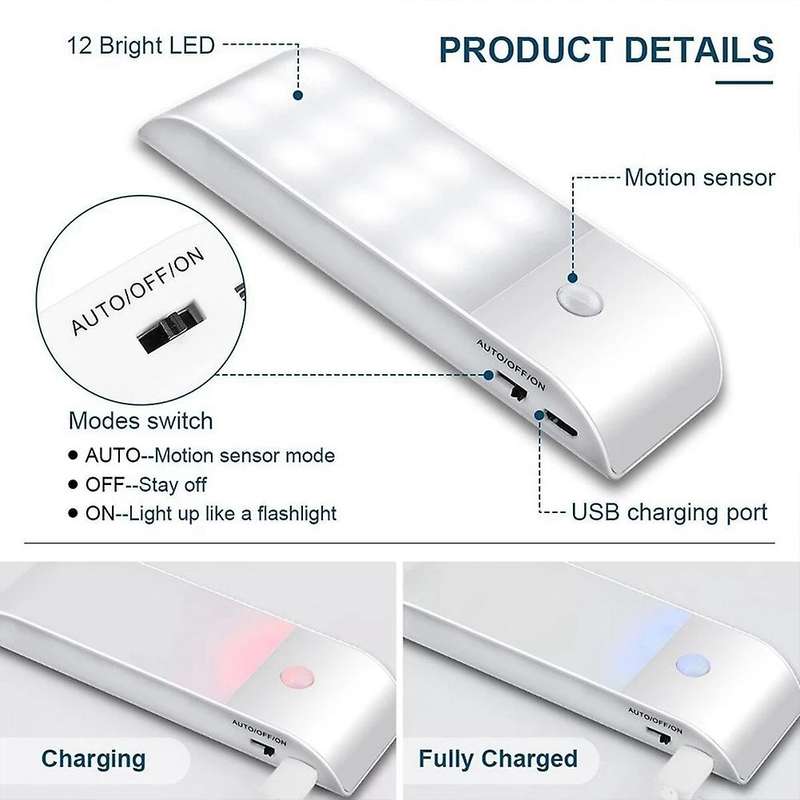 4Pcs Under Cabinet Lights Kitchen Lighting IR Motion Sensor 12LEDS Night Lights USB Rechargeable Sta