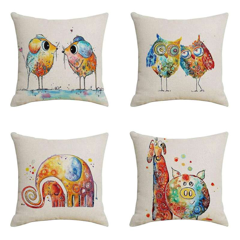 4PCS Watercolor Cartoon Animals Throw Pillow Cases Decorative Room Bedroom Sofa Pillowcase 45X45CM
