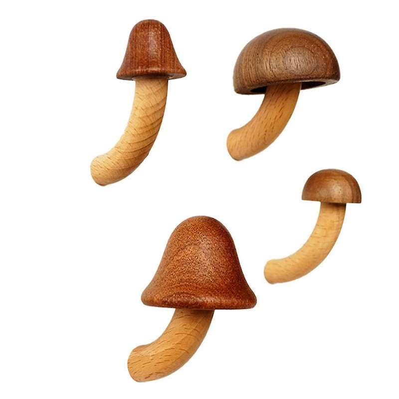 4Pcs Wooden Mushroom Refrigerator Magnet Home Kitchen Refrigerator Magnet 3D Solid Wood Magnet Craft