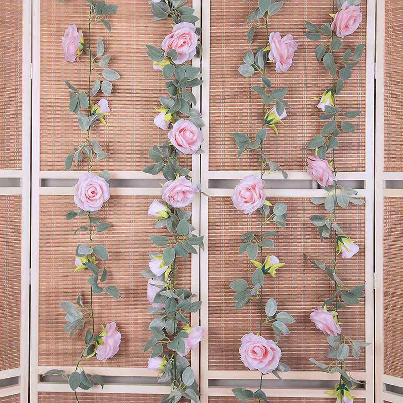 4Pcs(26 FT) Artificial Rose Vine Fake Flower Garland Fake Silk Hanging Vine for Wedding Party Arch G
