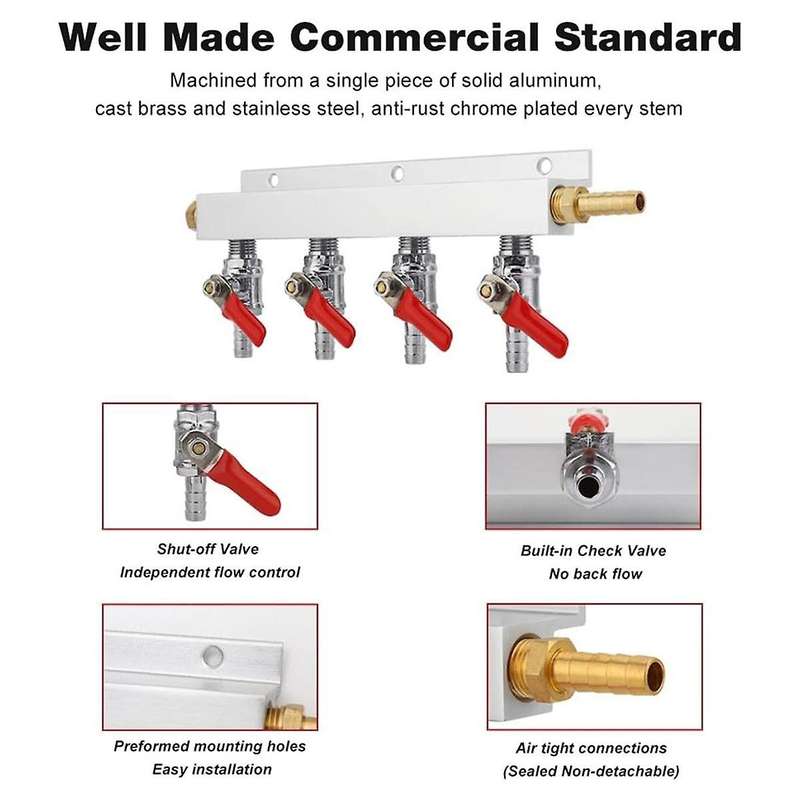 4-Way Gas Manifold 5/16inch Barbed Integrated Check Valve CO2 Distributor 4-Way CO2 Manifold Gas Dis